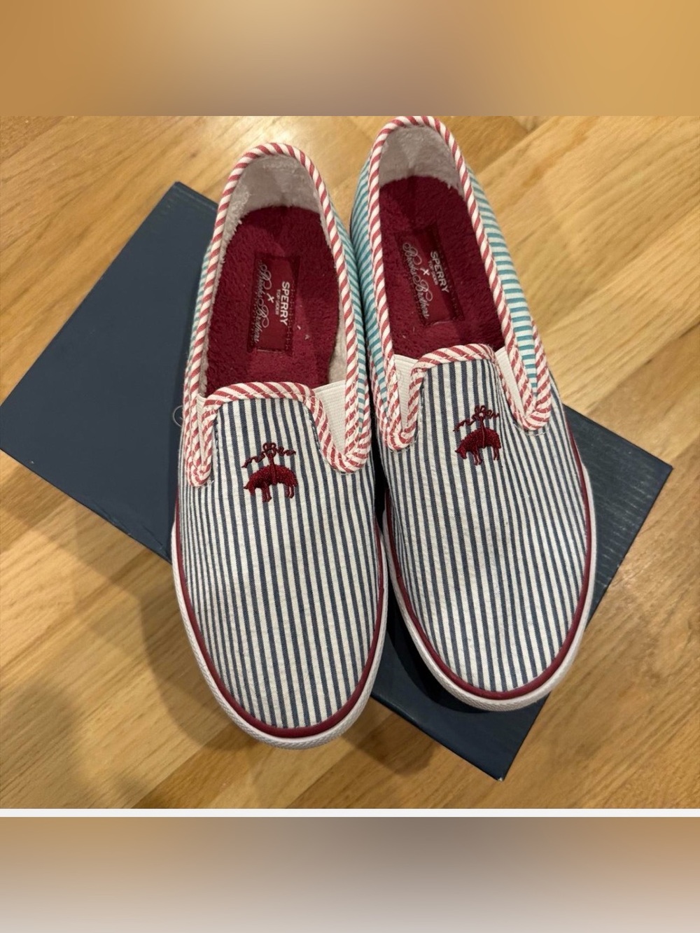 Brooks Brothers Navy & White Striped Slip-On Sneakers with Red Trim